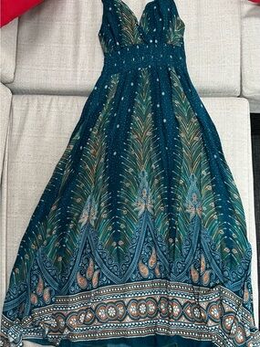 Teal Peacock-Print Maxi Dress with Smocked Waist